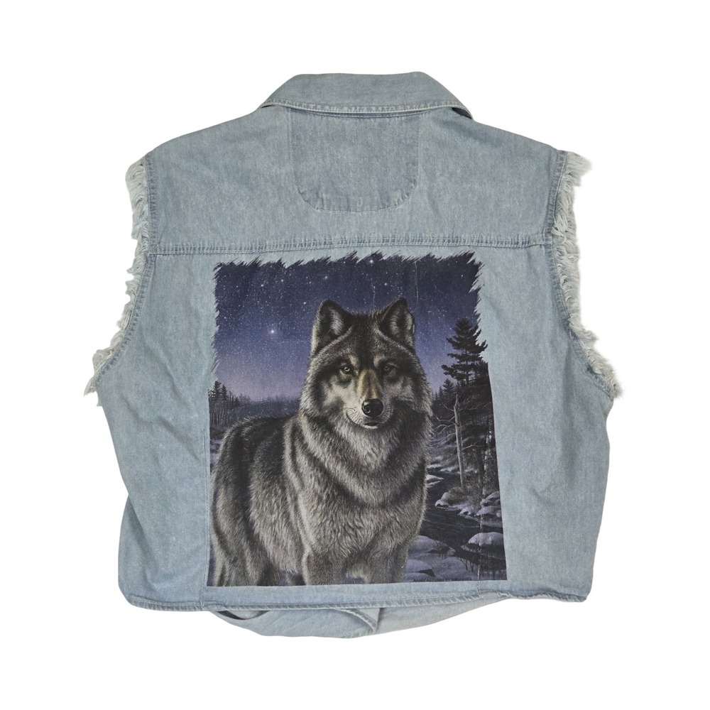 VTG Y2K Biker Design Wolf Graphic Denim Vest Light Wash Tie Front Sleeveless XL